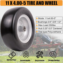 11x4.00-5 lawn mower tires flat free, Solid Smooth Tires and Wheel with 3/4" Precision bearings or 5/8" & 1/2", 3.4"-5.6" Centered Hub,for Zero-Turn Lawn Mowers, (2 Pack)