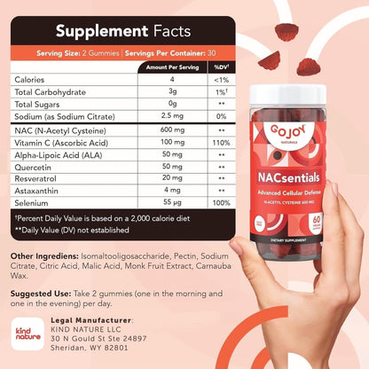 GOJOY 7-in-1 Sugar-Free NAC Gummies – NACsentials 600mg N-Acetyl Cysteine with Vitamin C, ALA, Quercetin & Astaxanthin – Antioxidant & Liver Detox Support – Vegan & Keto-Friendly – 60 Gummies