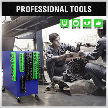 Magnetic Socket Organizer Set, 6-piece 1/4", 3/8", 1/2" SAE & Metric Socket Holder, Drive Socket Trays, Storage Tool Box, Holding 143 Slots, Soft Rubber Covering Black Green Tools