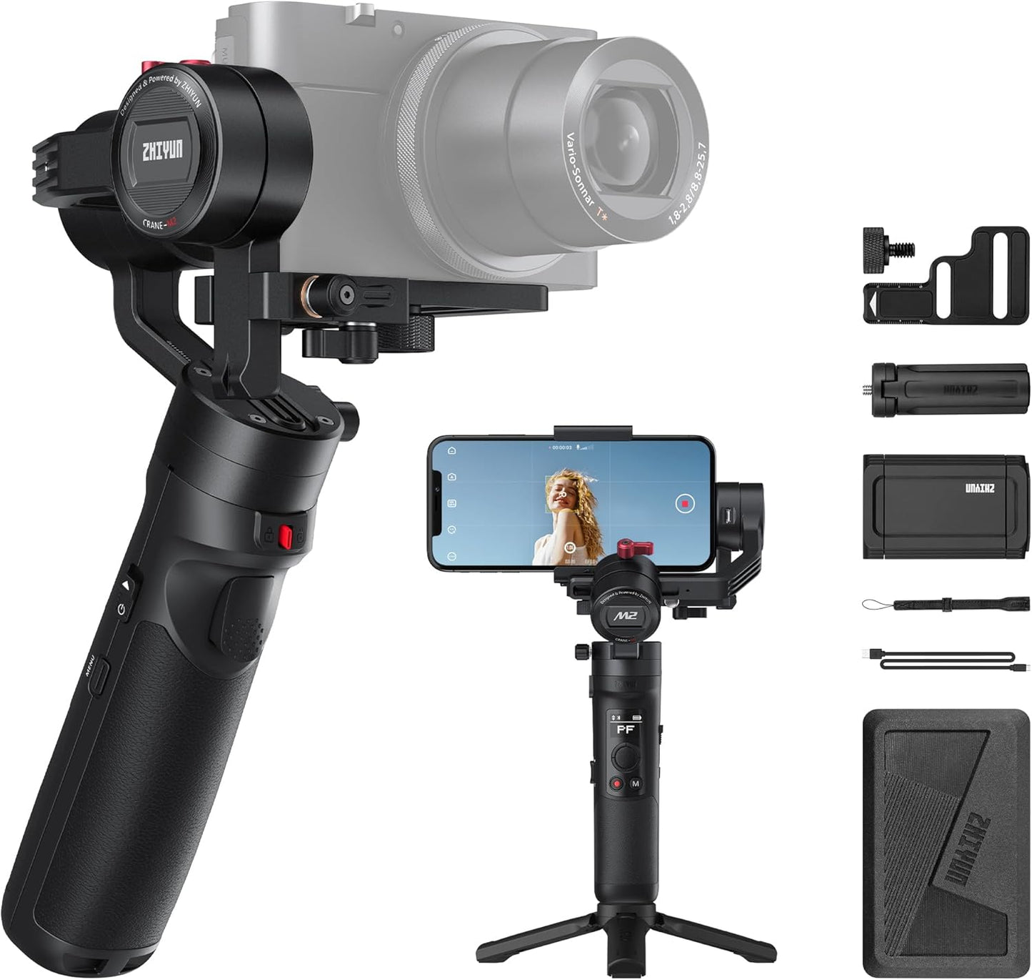 ZHIYUN Crane-M2 [Official] Gimbal Stabilizer for Camera，3-in-1 Light Weight Gimbal for Smartphone, Sports Action Camera, GoPro and Mirrorless Camera, with Smartphone Clamp, Tripod