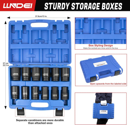 LLNDEI 3/4 inch Drive Impact Socket Set, 12 Piece Heavy Duty CR-MO Deep/Jumbo Sockets 6 Point Design, SAE 3/4" to 1-9/16", for Large Vehicle and Apparatus Maintenance