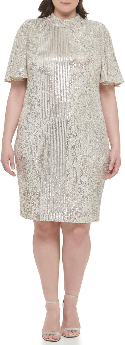 Eliza J Women's Style Sequin Sheath Flutter Sleeve Mock Neck Dress Size 14