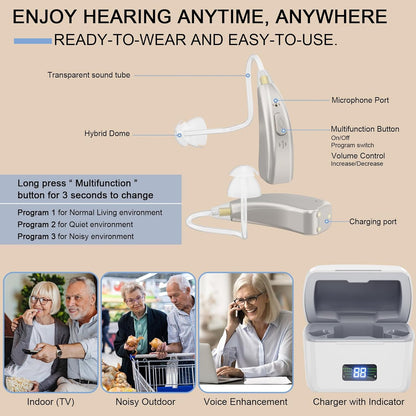 OTC Hearing Aids,Wireless Rechargeable Hearing Aids for Seniors,Hearing Amplifiers for The Hearing Loss With Noise Cancellation,Premium Comfort Design and Nearly Invisible,Simple To Operate