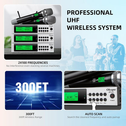 Olyque Wireless Microphones, All Metal Dynamic Professional UHF Dual Handheld Cordless Microphone, Auto Scan, 300ft for Parties, Events and Church(HP-619)