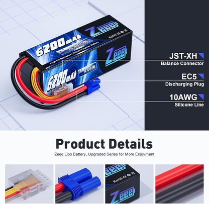 Zeee 4S Lipo Battery 6200mAh 14.8V 80C Hard Case Battery with EC5 Connector for Car Truck Tank RC Buggy Truggy Racing Hobby(2 Packs)