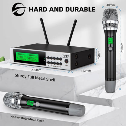 Olyque Wireless Microphones, All Metal Dynamic Professional UHF Dual Handheld Cordless Microphone, Auto Scan, 300ft for Parties, Events and Church(HP-619)