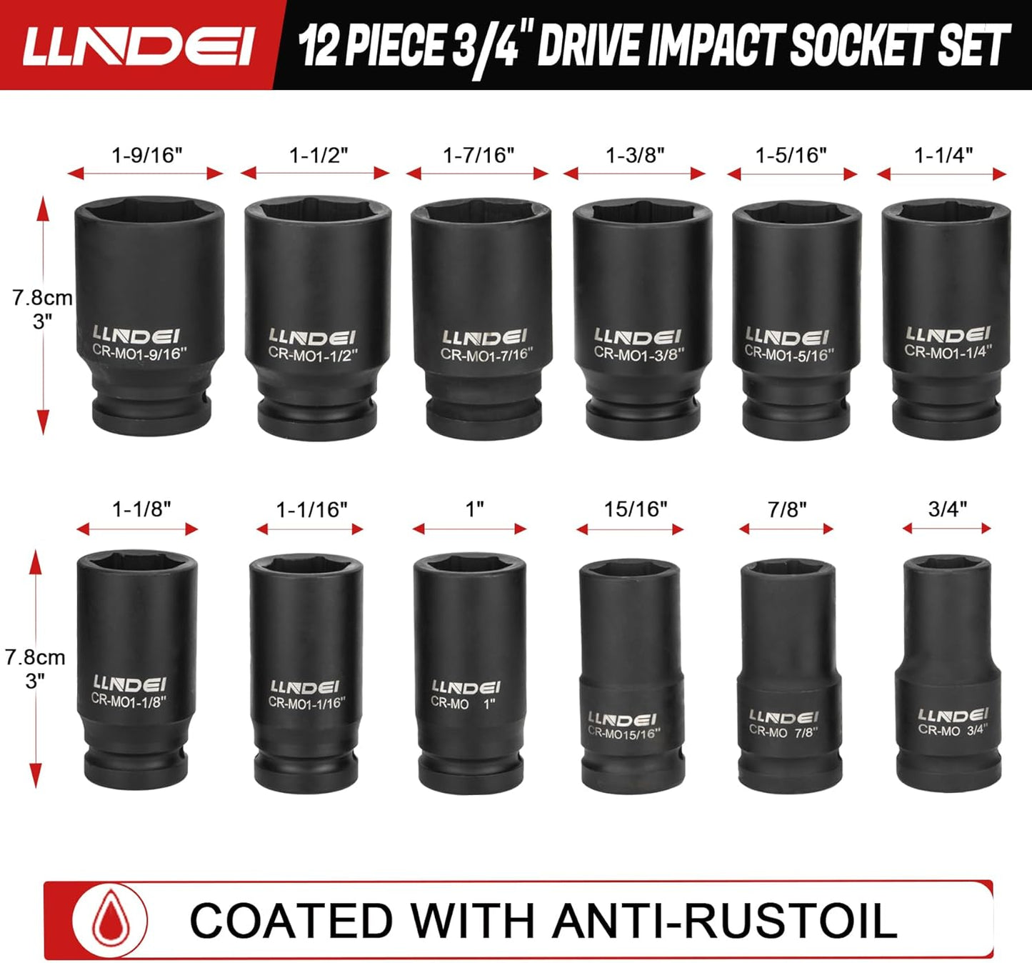 LLNDEI 3/4 inch Drive Impact Socket Set, 12 Piece Heavy Duty CR-MO Deep/Jumbo Sockets 6 Point Design, SAE 3/4" to 1-9/16", for Large Vehicle and Apparatus Maintenance