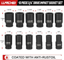 LLNDEI 3/4 inch Drive Impact Socket Set, 12 Piece Heavy Duty CR-MO Deep/Jumbo Sockets 6 Point Design, SAE 3/4" to 1-9/16", for Large Vehicle and Apparatus Maintenance