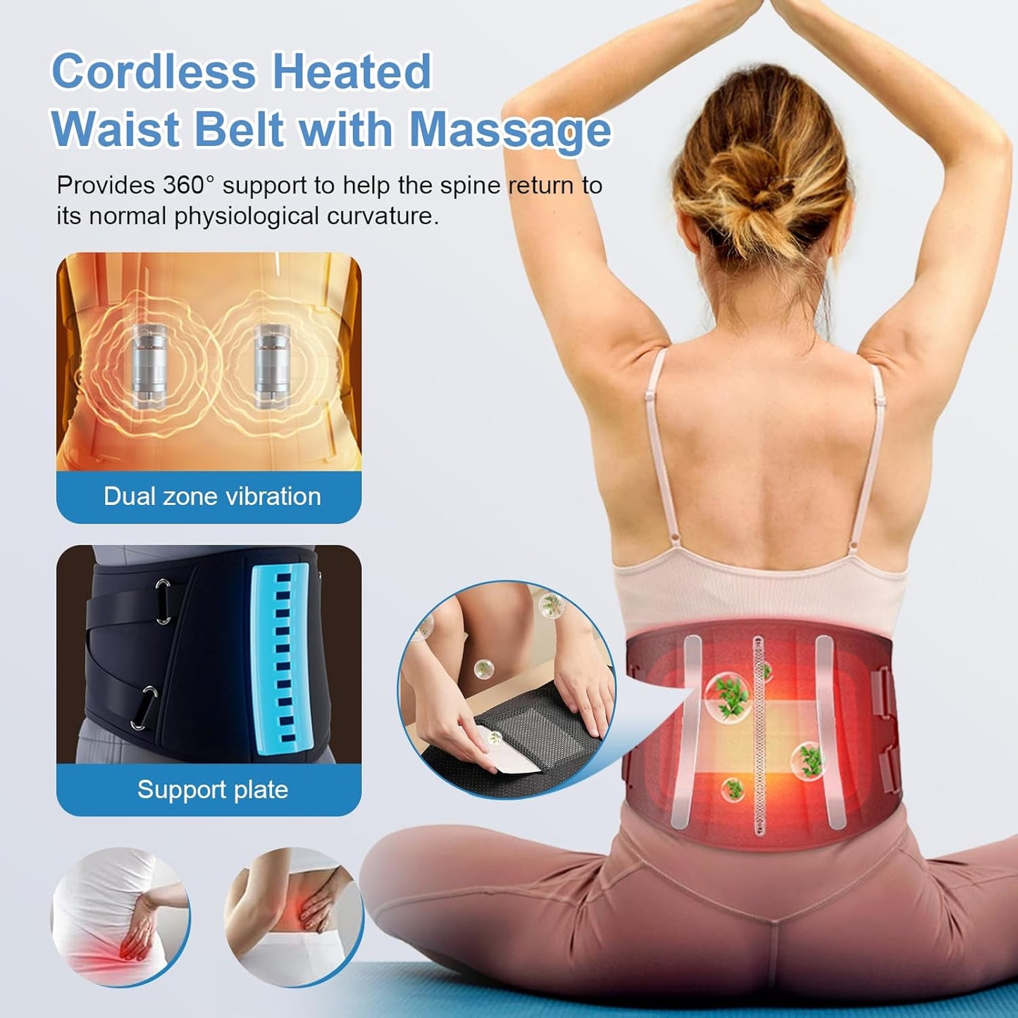 Cordless Heating Pad with Massager for Back Pain Relief, Portable Lower Back Massager Wearable Heating Pads, Blue