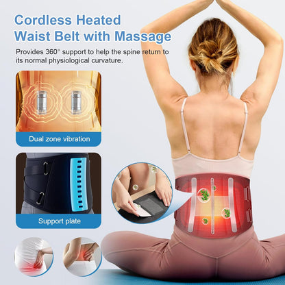 Cordless Heating Pad with Massager for Back Pain Relief, Portable Lower Back Massager Wearable Heating Pads, Blue