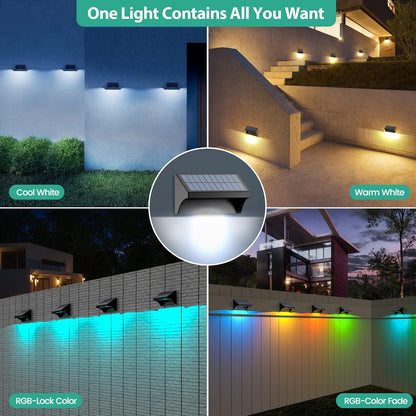 APONUO Solar Fence Lights, Fence Lights with Warm White, Cool White and RGB, LED Lights for Fence, Solar Lights Outdoor Waterproof for Patio, Yard, Garden, Pool, Deck Railing, Wall, Step (6Pack)
