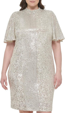 Eliza J Women's Style Sequin Sheath Flutter Sleeve Mock Neck Dress Size 14