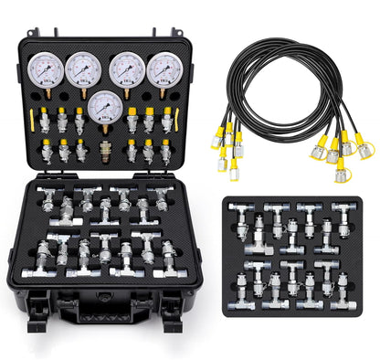 Hydraulic Pressure Test Kit, 5 Gauges (10/100/250/400/600bar) 60mpa 13 Test Couplings 14 Tee Connectors 5 Test Hoses w/Sturdy Portable Carrying Case for Excavator Construction Machinery