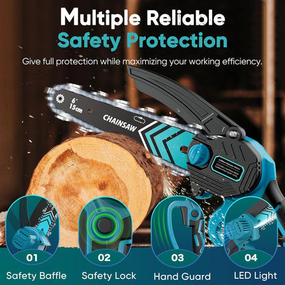 Mini Chain saw, 6-Inch Chain Saw, 2 Pack 2000mAh Batteries, 【Seniors Friendly】 Portable Handheld Chainsaw, Mini Chainsaw Cordless for Wood Cutting Tree Trimming DIY Projects Gardening Camping