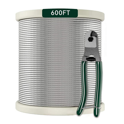 1/8 Stainless Steel Cable with Cutter7x7 Strands Construction,T316 Stainless Steel for Deck Railing,Porch Fence,String Lights Hanging Wire 600FT