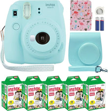 Fujifilm Instax Mini 9 Instant Camera Ice Blue with Custom Case + Fuji Instax Film Value Pack (50 Sheets) Flamingo Designer Photo Album for Photos
