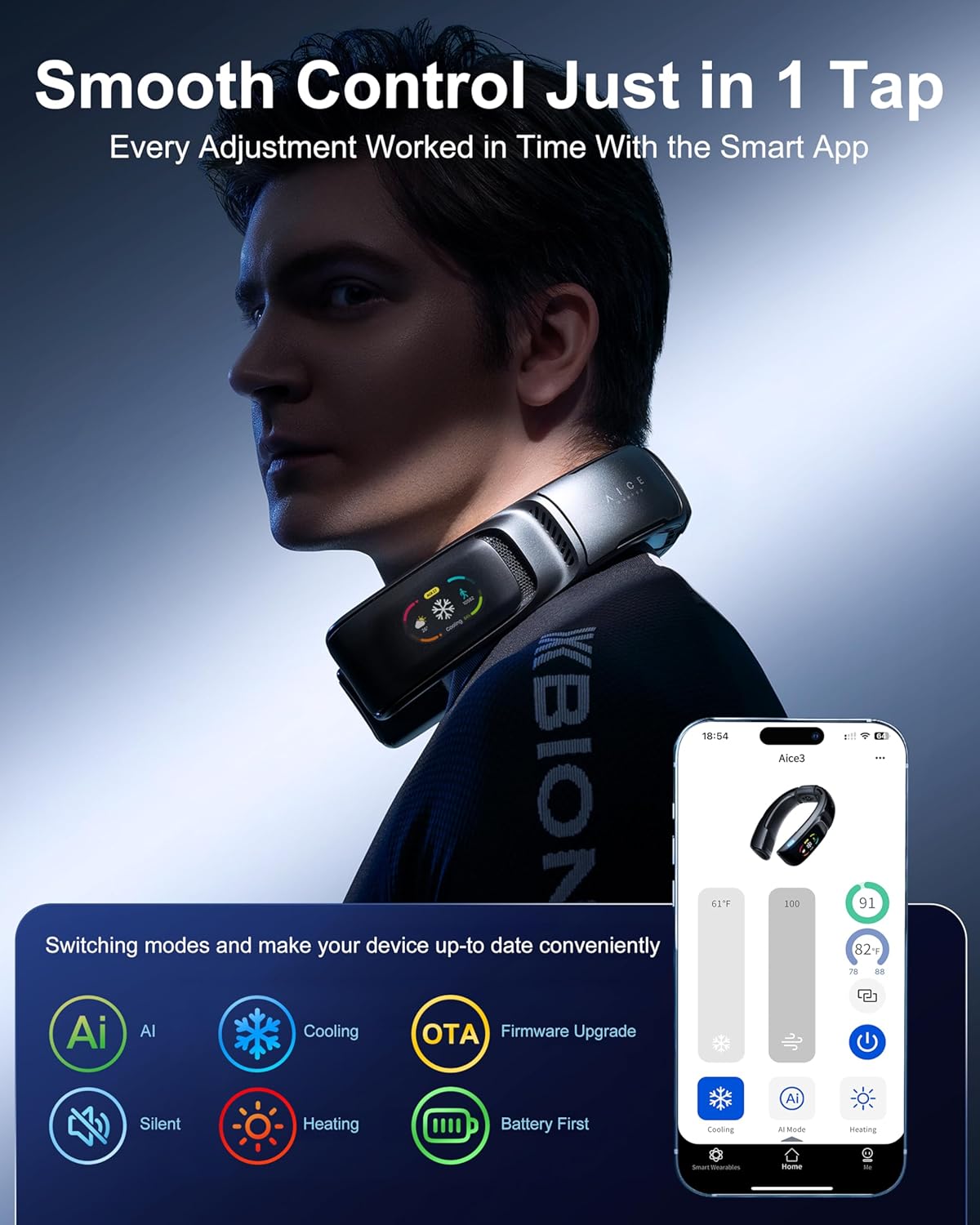 RANVOO No.1 Cooling A/C AICE 3 AI Neck Air Conditioner 7000mAh 30H [Full-body Cooling/Heating] for All Seasons [Health Monitor] Personal Neck Fan Cooler Heater Rechargeable Wearable Music Call Gift