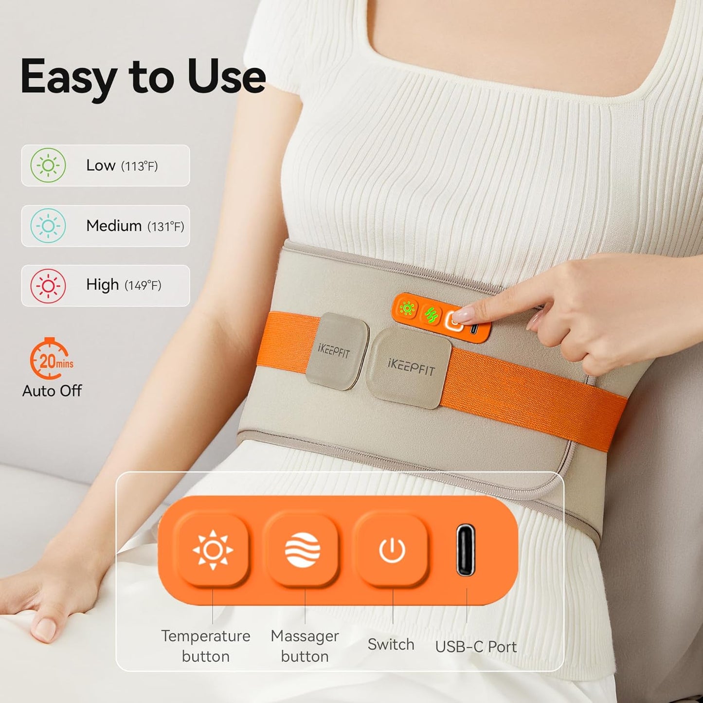 Cordless Heating Pad for Back Pain Relief: MAXwarm 3.0[2025 Upgraded], IKEEPFIT Electric Heat Pad with Massager for Period Cramps, Extra Large 65", 8000mAh Battery, Gift for Women Men (Beige)