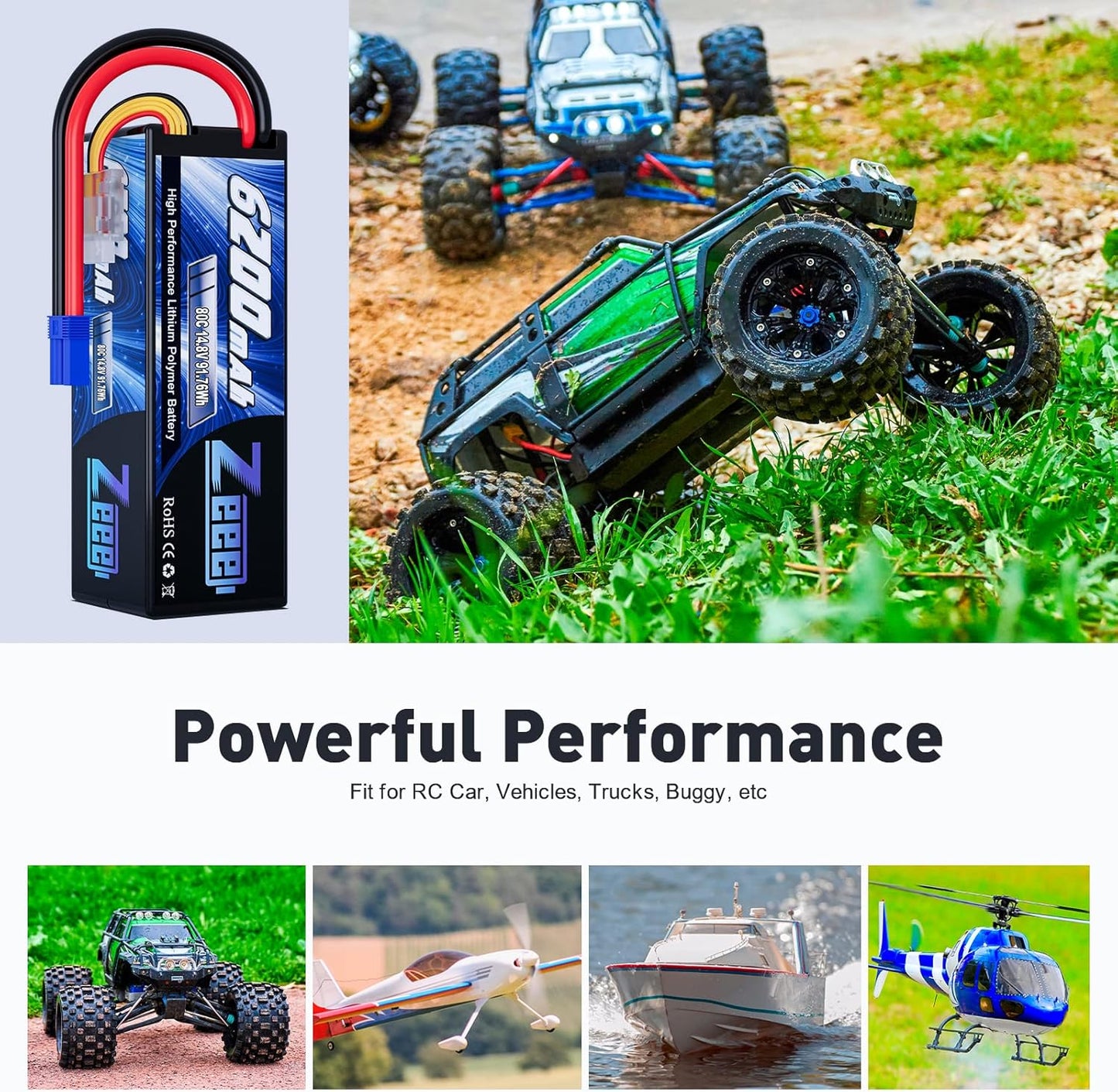 Zeee 4S Lipo Battery 6200mAh 14.8V 80C Hard Case Battery with EC5 Connector for Car Truck Tank RC Buggy Truggy Racing Hobby(2 Packs)