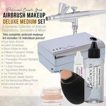 Belloccio Professional Beauty Deluxe Airbrush Cosmetic Makeup System with 4 Medium Shades of Foundation in 1/2 oz Bottles - Kit includes Blush, Bronzer and Highlighters