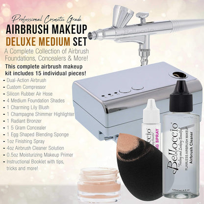 Belloccio Professional Beauty Deluxe Airbrush Cosmetic Makeup System with 4 Medium Shades of Foundation in 1/2 oz Bottles - Kit includes Blush, Bronzer and Highlighters