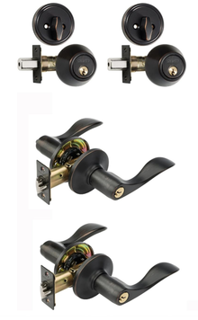 Dynasty Hardware CP-HER-12P, Heritage Front Door Entry Lever Lockset and Single Cylinder Deadbolt Combination Set, Aged Oil Rubbed (2Pack) Keyed Alik
