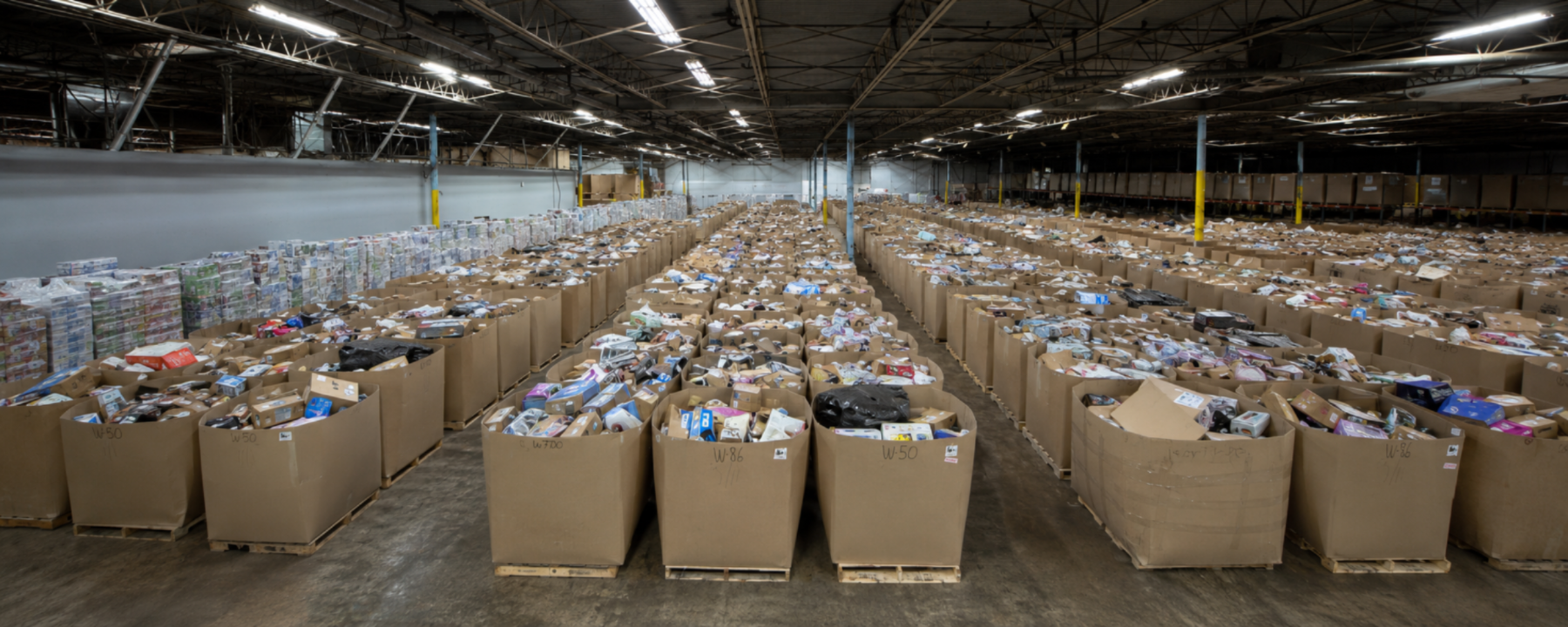 Large warehouse with rows of cardboard boxes containing products.